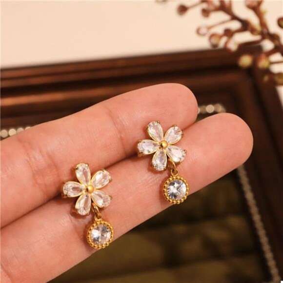 18K Gold-Plated Stainless Steel Zircon Flower Drop Earrings - Picture 3 of 7
